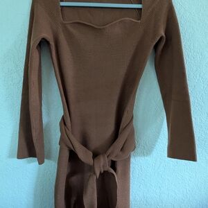 Elegant Brown Long Sleeve Sweater Dress Medium